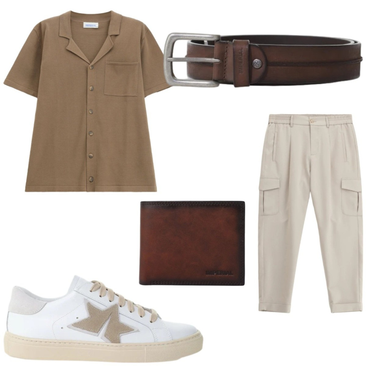 Outfit uomo - Marrone e sabbia. Stile Casual per Tutti i giorni. Abbinamento con pantaloni cargo, camicie a manica corta, cinture, portafogli, sneakers.