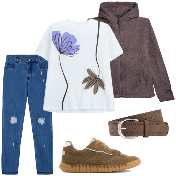 Outfit donna - Total look #2408028. Stile Casual per Tutti i giorni. Abbinamento con cinture, t-shirt, jeans skinny, felpe con cappuccio, sneakers.