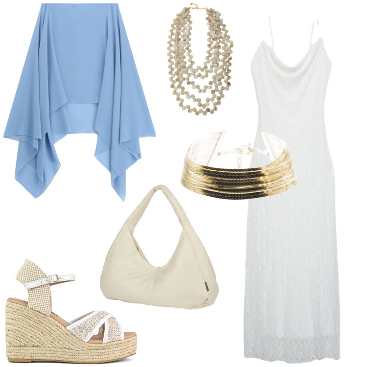Outfit donna - A cena lungomare. Stile Casual chic per Mare. Abbinamento con vestiti lunghi, cappe, collane, braccialetti, borse a spalla, zeppe.