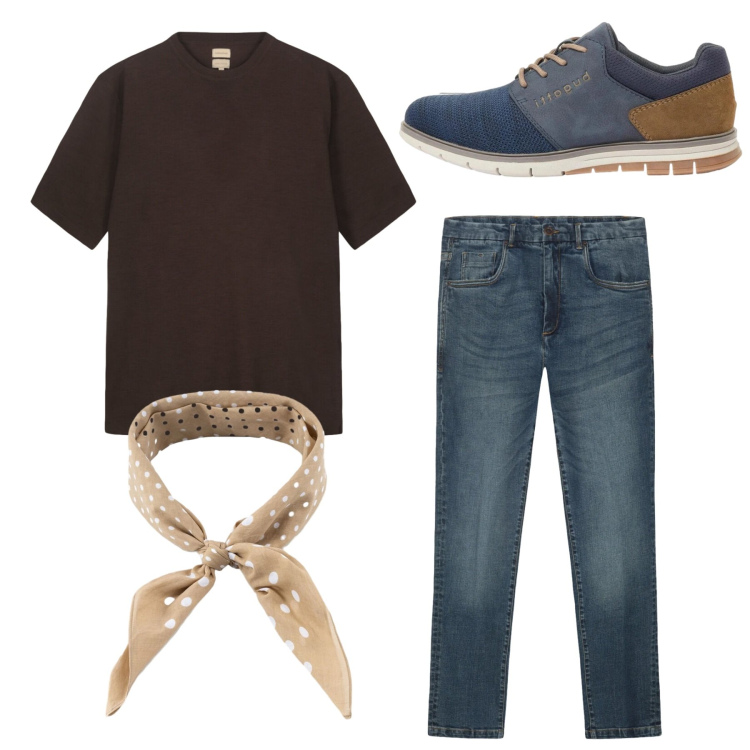Outfit uomo - Total look. Stile Casual per Tutti i giorni. Abbinamento con scarpe stringate, sciarpe e foulard, jeans, t-shirt.