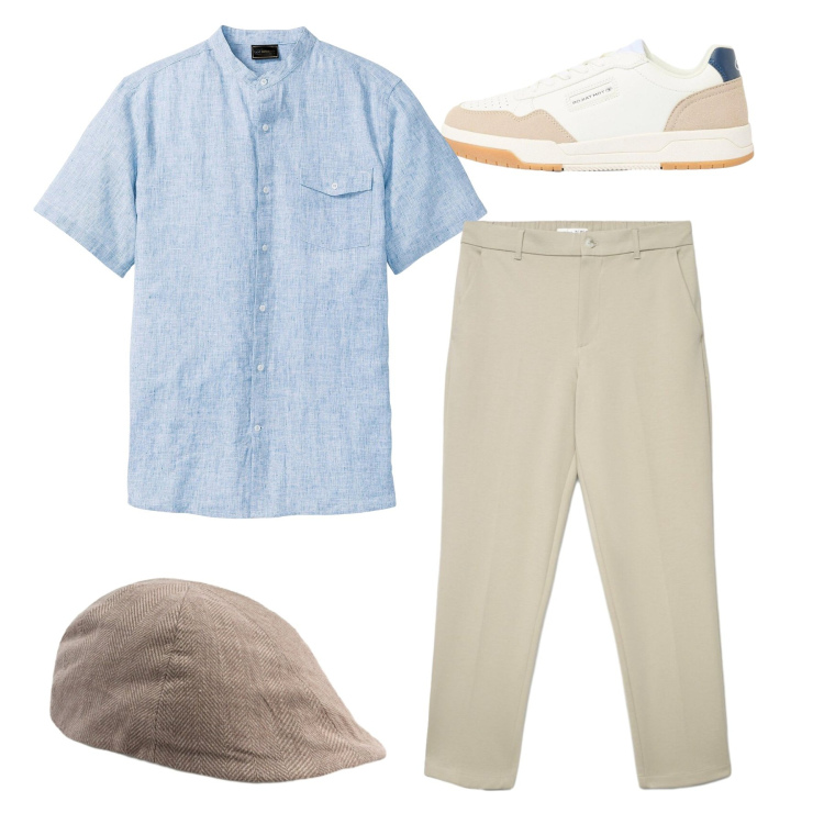 Outfit uomo - Total look. Stile Casual per Tutti i giorni. Abbinamento con camicie a manica corta, sneakers, pantaloni chino, cappelli e berretti.