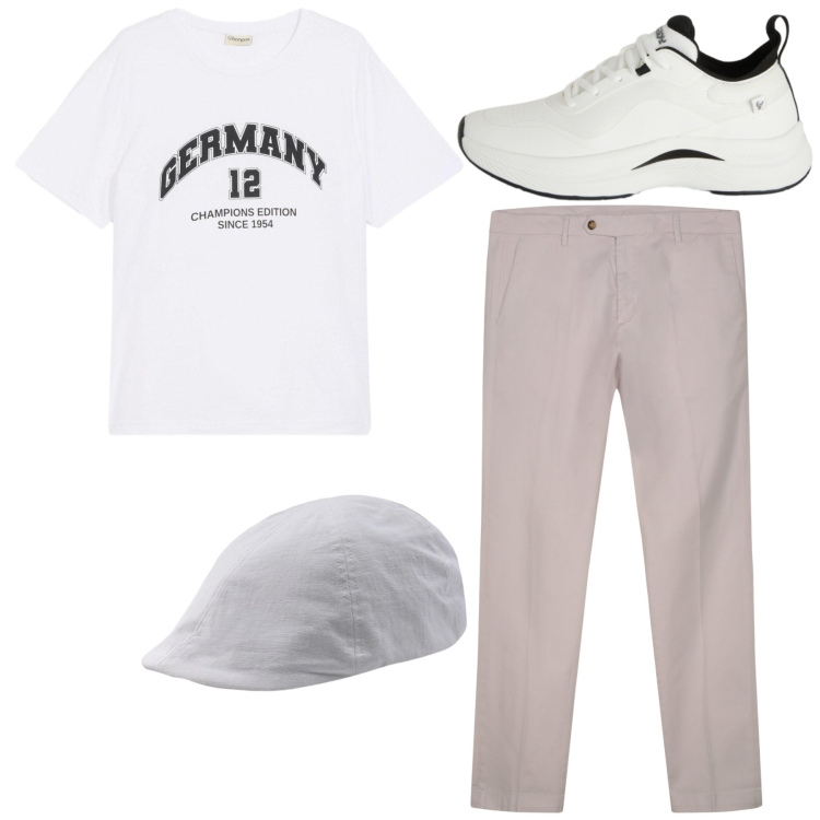 Outfit uomo - Total look. Stile Casual per Tutti i giorni. Abbinamento con t-shirt, sneakers, pantaloni chino, cappelli con visiera.