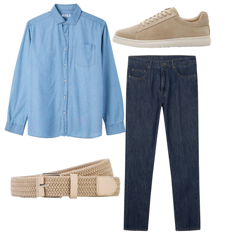 Outfit uomo - Azzurro cielo. Stile Casual per Tutti i giorni. Abbinamento con cinture, sneakers, camicie, jeans.