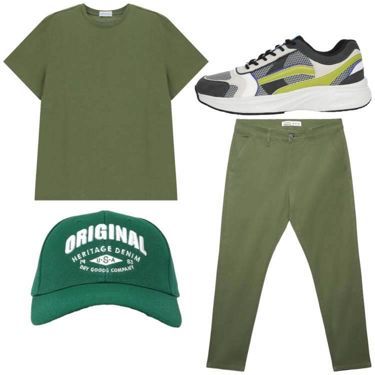Outfit uomo - Total look. Stile Casual per Tutti i giorni. Abbinamento con sneakers, cappelli con visiera, pantaloni chino, t-shirt.