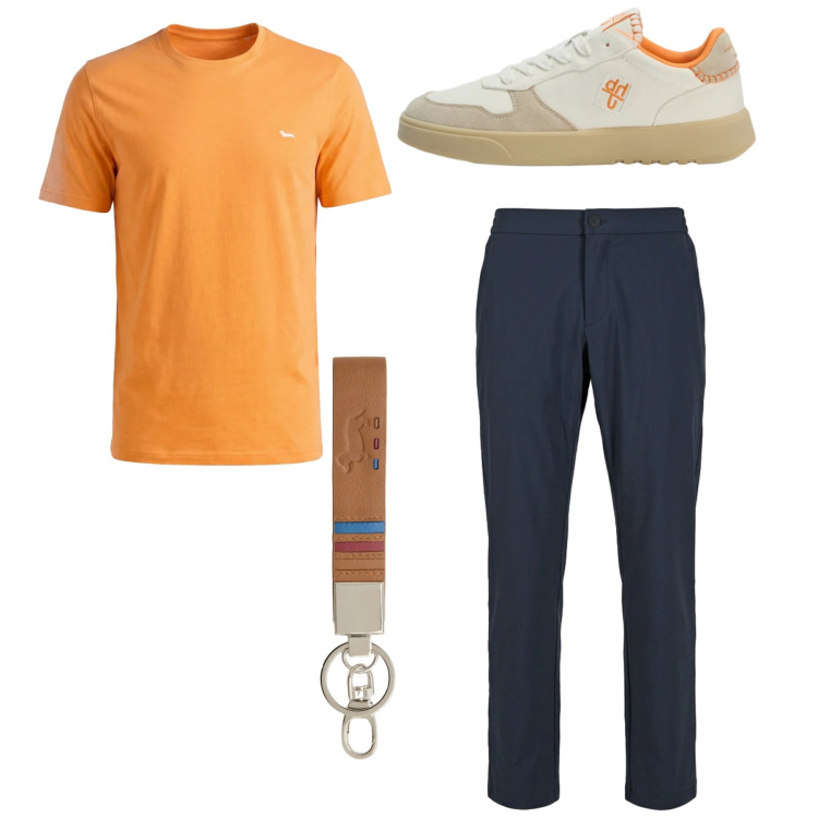 Outfit uomo - Total look. Stile Casual per Tutti i giorni. Abbinamento con portachiavi, t-shirt, sneakers, pantaloni.
