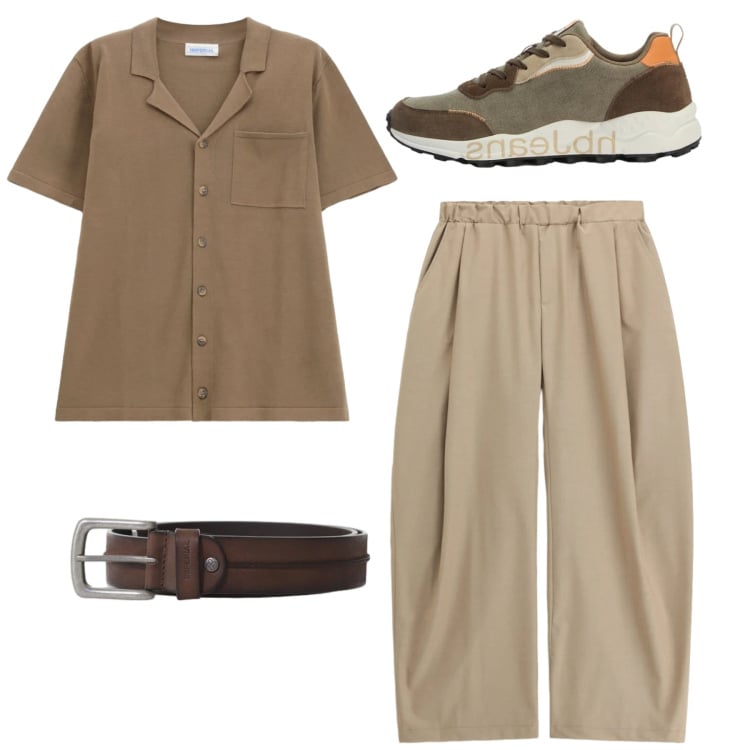 Outfit uomo - Stile rilassato di maggio. Stile Trendy per Tutti i giorni. Abbinamento con pantaloni, camicie a manica corta, cinture, sneakers.