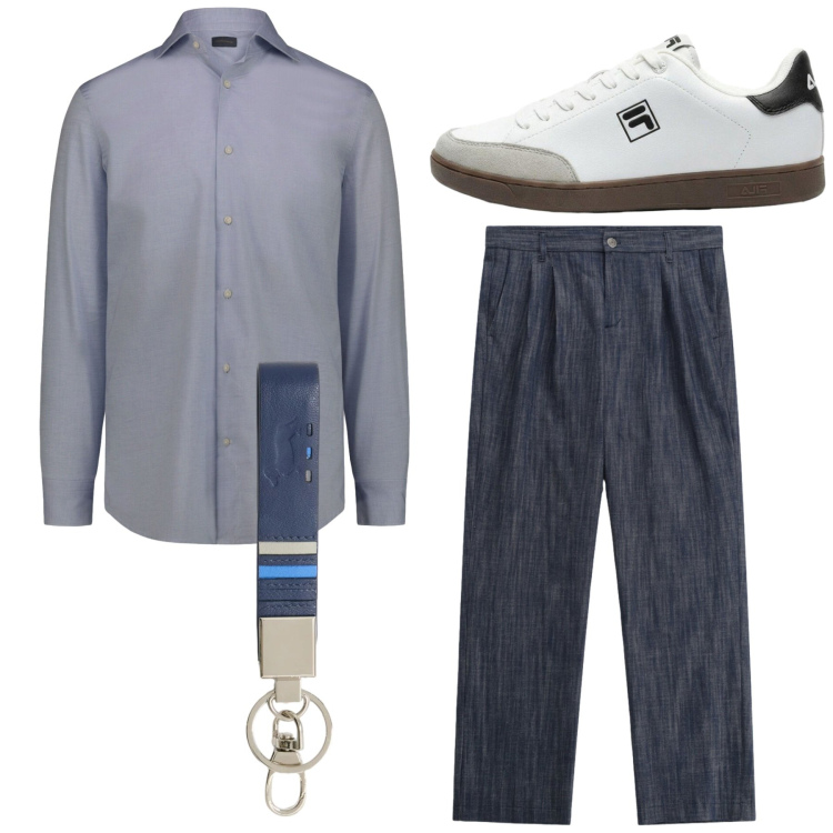 Outfit uomo - Stile rilassato di maggio. Stile Casual per Tutti i giorni. Abbinamento con sneakers, pantaloni, camicie, portachiavi.