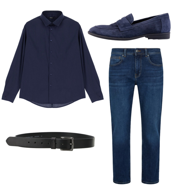 Outfit uomo - Total look. Stile Casual per Tutti i giorni. Abbinamento con camicie, cinture, jeans dritti, scarpe stringate.