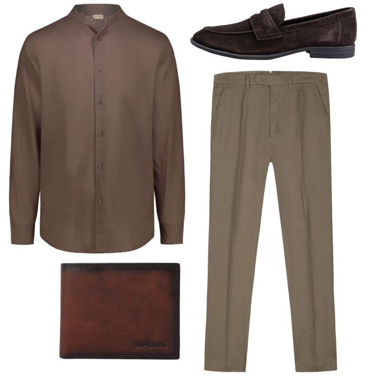 Outfit uomo - Total look. Stile Business/Elegante per Tutti i giorni. Abbinamento con portafogli, pantaloni, camicie, scarpe stringate.