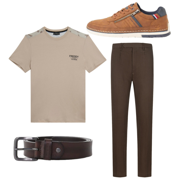 Outfit uomo - Total. Stile Biker Rock per Tutti i giorni. Abbinamento con sneakers, cinture, t-shirt, pantaloni.