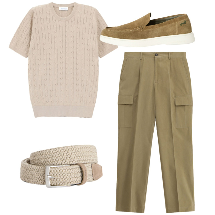 Outfit uomo - Total look. Stile Casual per Tutti i giorni. Abbinamento con pantaloni cargo, t-shirt, cinture, scarpe stringate.