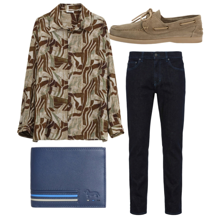 Outfit uomo - Total look. Stile Trendy per Tutti i giorni. Abbinamento con camicie, jeans, portafogli, scarpe stringate.