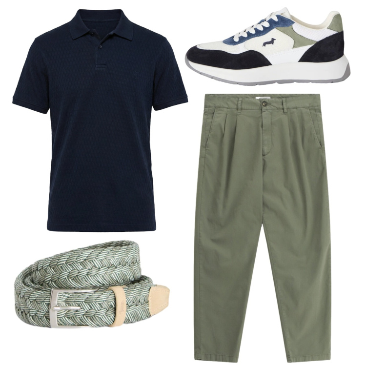 Outfit uomo - Total look. Stile Trendy per Tutti i giorni. Abbinamento con pantaloni, sneakers, cinture, polo.