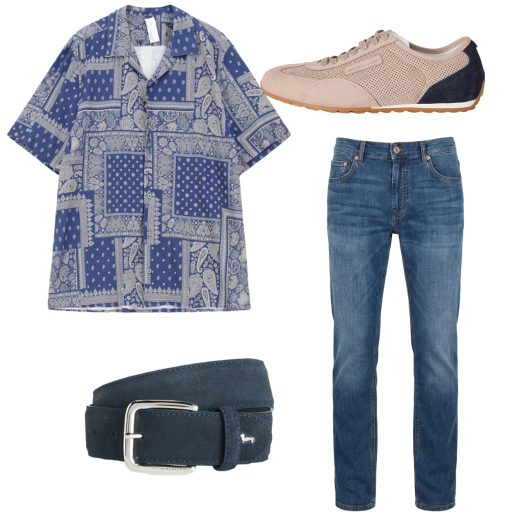 Outfit uomo - Total look. Stile Business/Elegante per Tutti i giorni. Abbinamento con camicie a manica corta, sneakers, cinture, jeans.