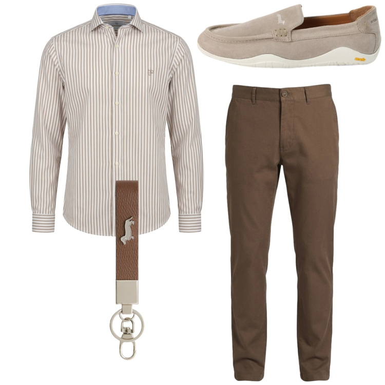 Outfit uomo - Total look. Stile Casual per Tutti i giorni. Abbinamento con portachiavi, pantaloni, camicie, scarpe stringate.