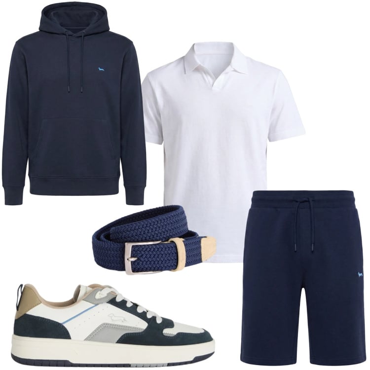 Outfit uomo - Stile navy. Stile Casual per Tutti i giorni. Abbinamento con cinture, polo, felpe con cappuccio, pantaloni corti, sneakers.