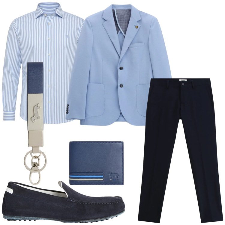 Outfit uomo - Equilibrio di colori. Stile Casual per Ufficio. Abbinamento con pantaloni, giacche, scarpe stringate, portachiavi, portafogli, camicie.