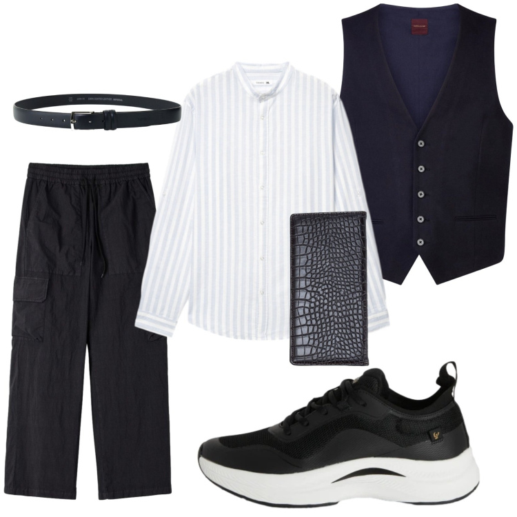 Outfit uomo - Combo black and white. Stile Trendy per Ufficio. Abbinamento con camicie, pantaloni cargo, cinture, sneakers, gilet, portafogli.