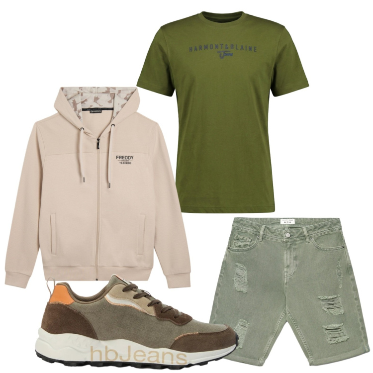 Outfit uomo - Dinamico. Stile Casual per Tutti i giorni. Abbinamento con bermuda, t-shirt, sneakers, felpe con cappuccio.