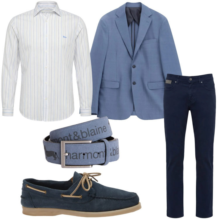 Outfit uomo - Office glam. Stile Casual per Ufficio. Abbinamento con giacche, cinture, camicie, scarpe stringate, pantaloni.