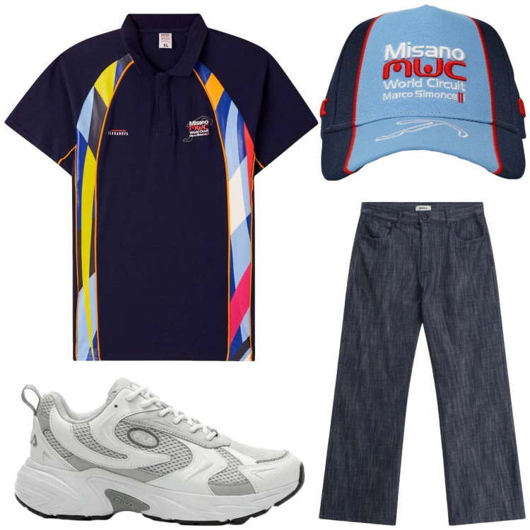 Outfit uomo - Sporty. Stile Casual Abbinamento con sneakers, cappelli, polo, jeans.