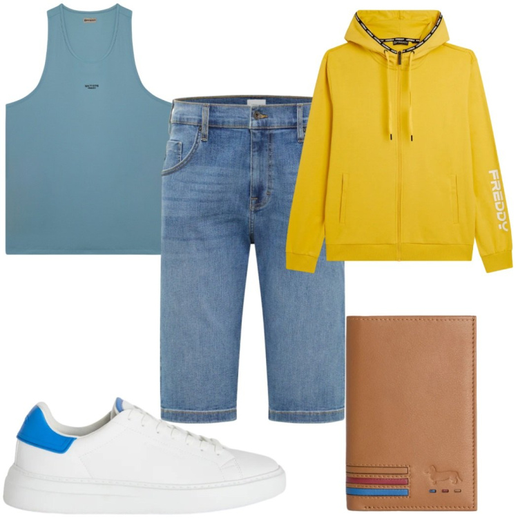 Outfit uomo - Total look #2408115. Stile Trendy per Tutti i giorni. Abbinamento con bermuda, sneakers, portafogli, felpe con cappuccio, canottiere.