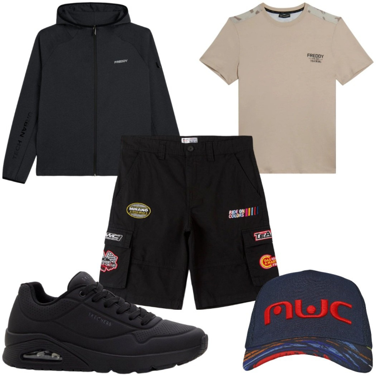 Outfit uomo - Total look #2408116. Stile Casual per Tutti i giorni. Abbinamento con sneakers, bermuda, cappelli con visiera, t-shirt, felpe con cappuccio.