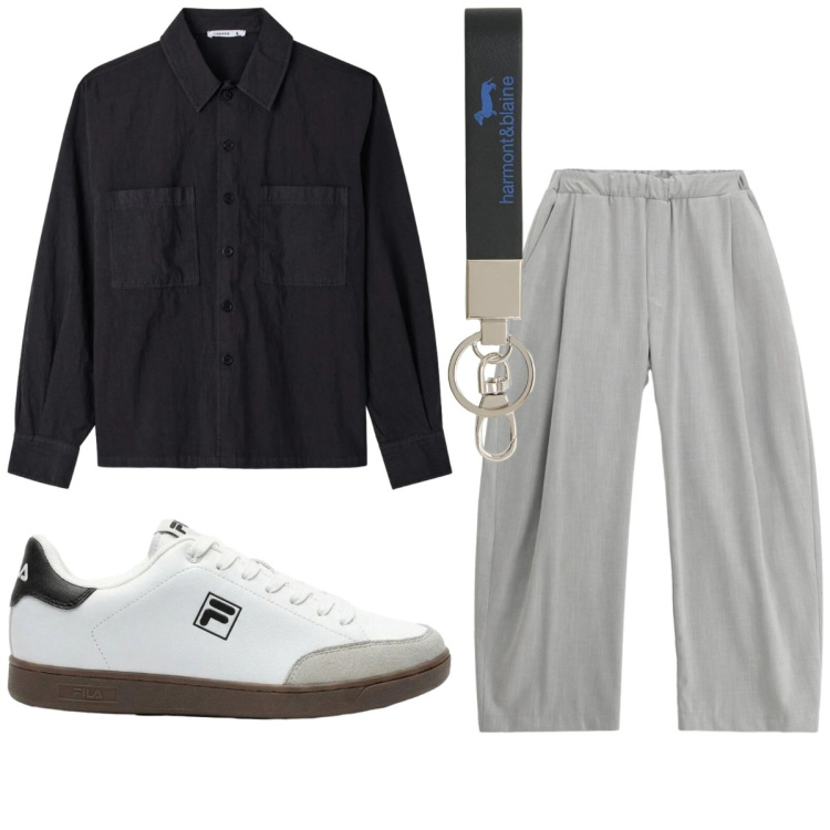 Outfit uomo - Look rilassato. Stile Trendy Abbinamento con sneakers, camicie, pantaloni, portachiavi.