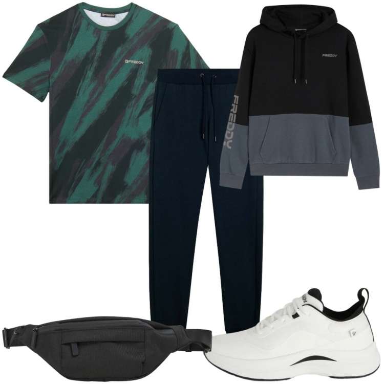 Outfit uomo - Total look #2408124. Stile Casual per Sport. Abbinamento con borse sportive, pantaloni, t-shirt, sneakers, felpe con cappuccio.