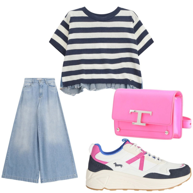 Outfit donna - Righe. Stile Casual per Tutti i giorni. Abbinamento con marsupi, sneakers, jeans, t-shirt.