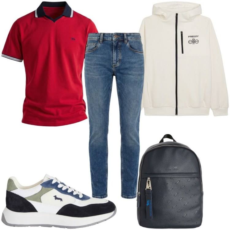 Outfit uomo - Total look #2408137. Stile Casual per Tutti i giorni. Abbinamento con sneakers, borse sportive, polo, jeans slim fit, felpe con cappuccio.
