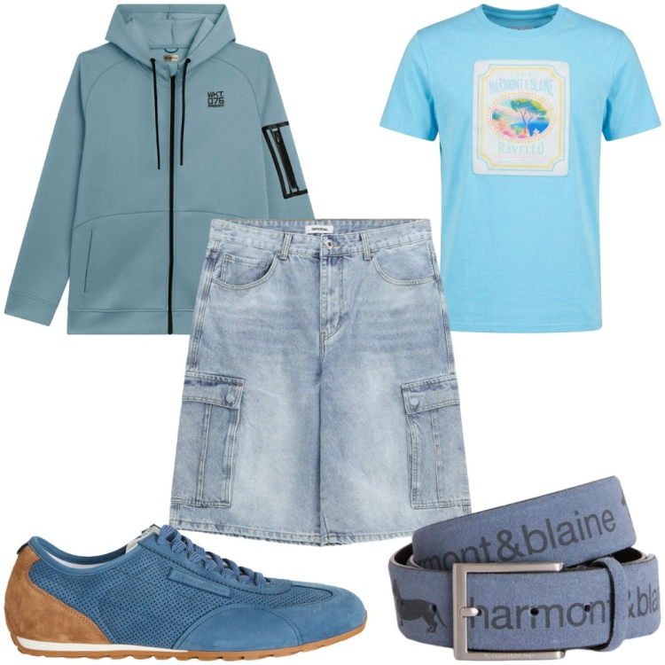 Outfit uomo - Total look #2408138. Stile Trendy per Tutti i giorni. Abbinamento con bermuda, cinture, sneakers, t-shirt, felpe con cappuccio.