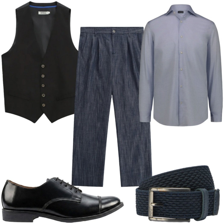 Outfit uomo - Total look #2408141. Stile Casual per Tutti i giorni. Abbinamento con pantaloni, gilet, cinture, camicie, scarpe stringate.