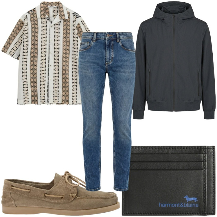 Outfit uomo - Total look #2408143. Stile Casual per Tutti i giorni. Abbinamento con camicie a manica corta, portafogli, jeans slim fit, scarpe stringate, bomber.