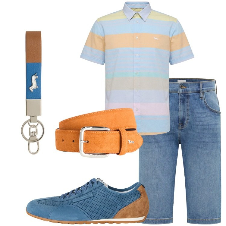 Outfit uomo - Stile rilassato di maggio. Stile Casual per Tutti i giorni. Abbinamento con bermuda, portachiavi, cinture, camicie a manica corta, sneakers.