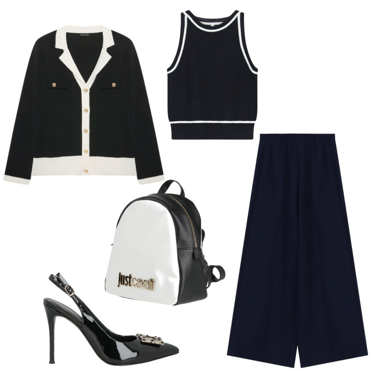 Outfit donna - Total look #2408148. Stile Chic per Ufficio. Abbinamento con décolleté, zaini, pantaloni a palazzo, top, cardigans.