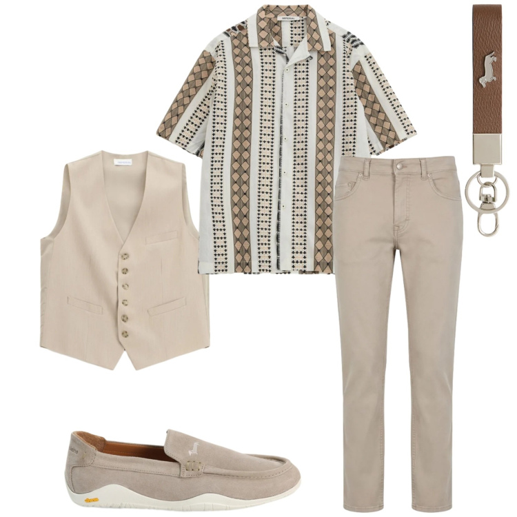 Outfit uomo - Total look #2408160. Stile Trendy per Serata speciale. Abbinamento con camicie a manica corta, gilet, portachiavi, pantaloni, scarpe stringate.