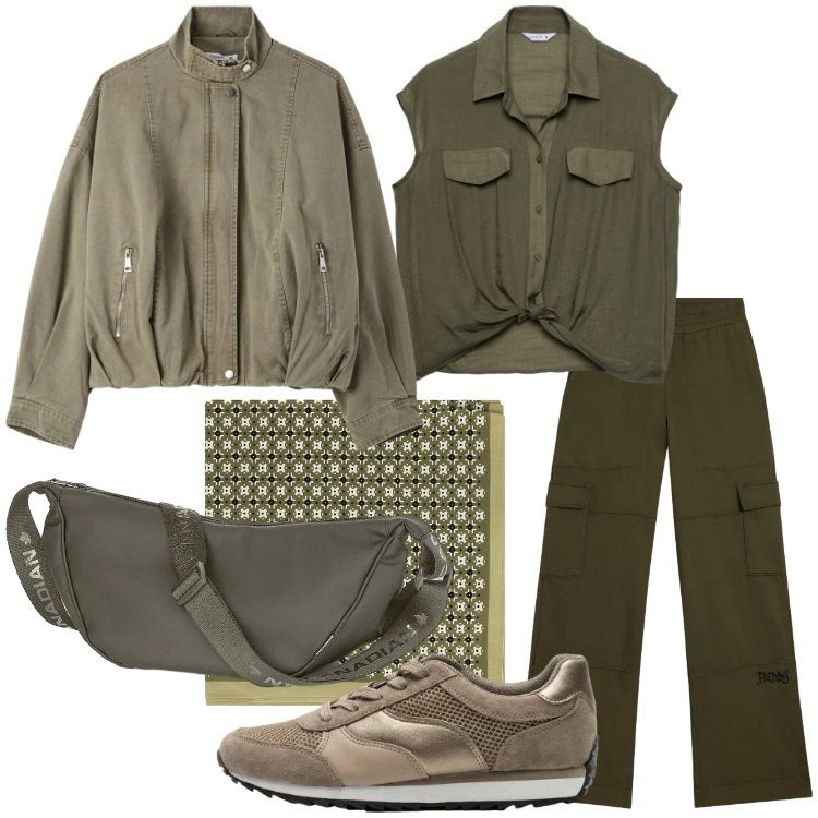 Outfit donna - Look da giornata all’aperto Curvy Style. Stile Trendy per Tutti i giorni. Abbinamento con sneakers, bomber, camicie a manica corta, foulard, borse a tracolla, pantaloni cargo.