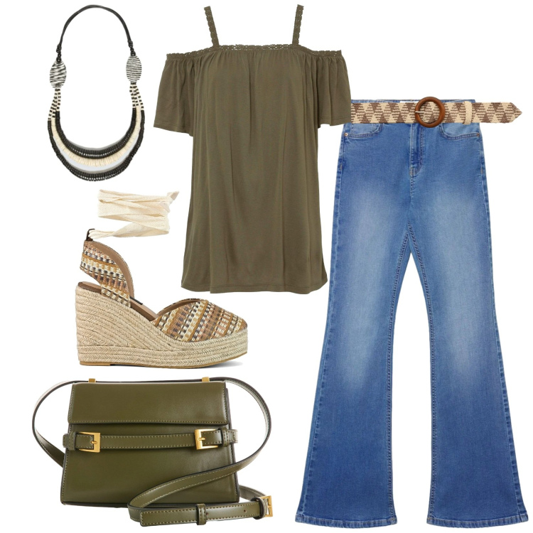 Outfit donna - Total look #2408162. Stile Etnico per Tutti i giorni. Abbinamento con maglieria, borse a tracolla, jeans a zampa, cinture, collane, zeppe.