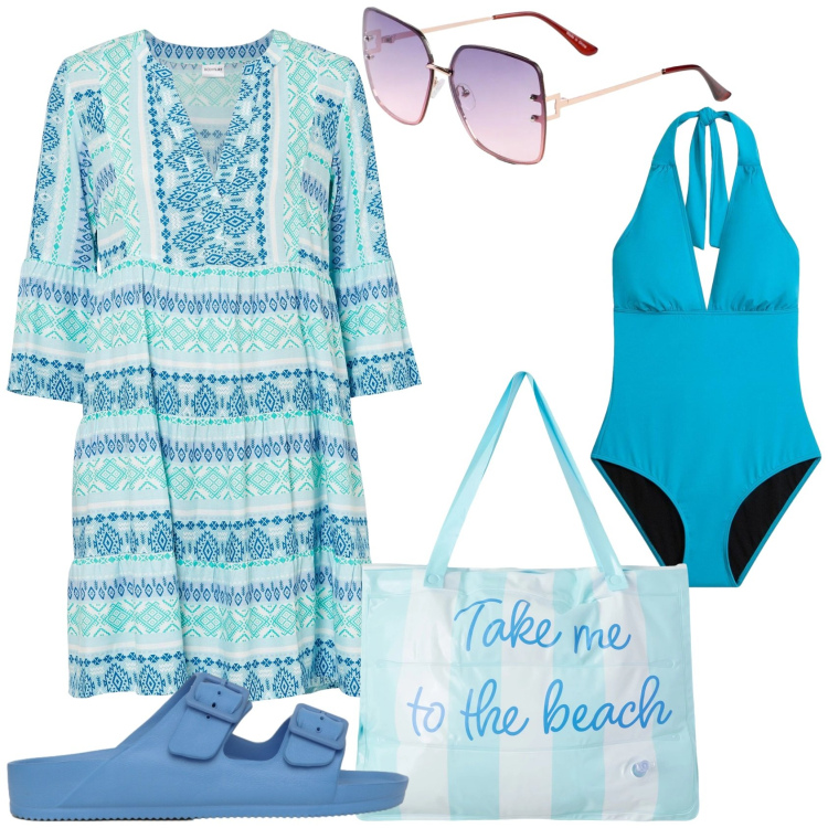 Outfit donna - Celeste mare. Stile Casual chic per Mare. Abbinamento con costumi interi, vestiti, occhiali da sole, borse tote, ciabatte.