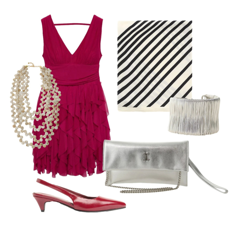 Outfit donna - Maggio. Stile Glamour per Cerimonia. Abbinamento con décolleté, vestiti, borse a tracolla, collane, foulard, braccialetti.