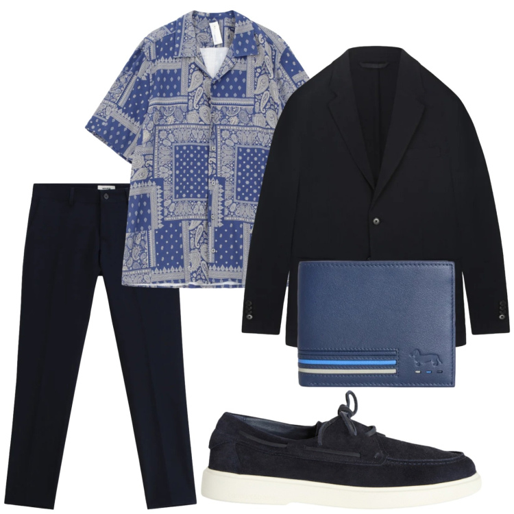 Outfit uomo - Stasera. Stile Trendy per Serata speciale. Abbinamento con pantaloni, camicie a manica corta, scarpe stringate, portafogli, giacche.