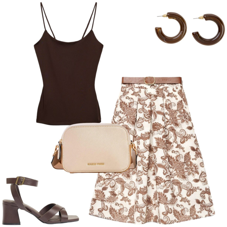 Outfit donna - Total look #2408183. Stile Basic per Tutti i giorni. Abbinamento con sandali col tacco, borse a tracolla, orecchini, gonne lunghe, canottiere.