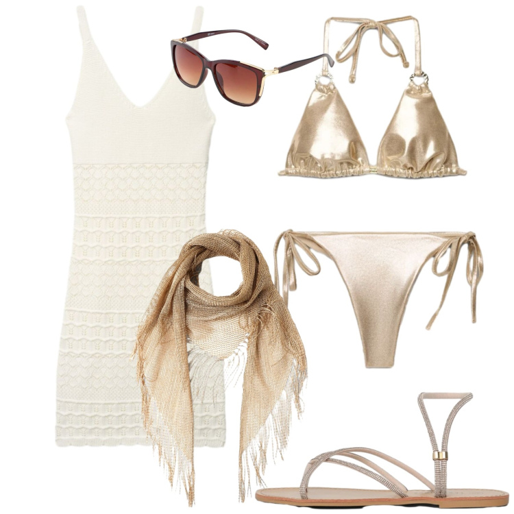 Outfit donna - In spiaggia luccicante. Stile Glamour per Mare. Abbinamento con occhiali da sole, vestiti corti, bikini, sandali, canottiere, bikini.