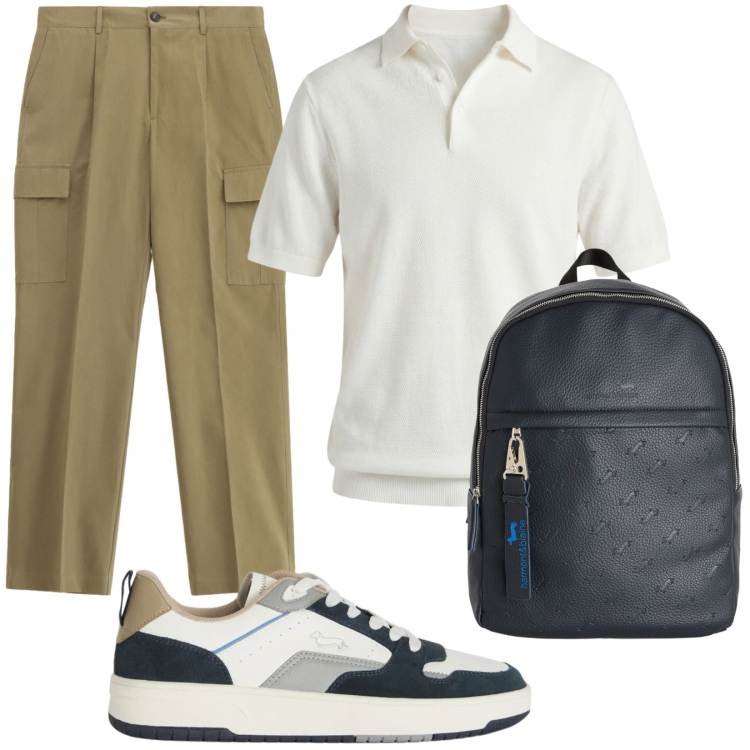 Outfit uomo - Semplicemente autentico. Stile Casual per Tutti i giorni. Abbinamento con pantaloni cargo, borse sportive, polo, sneakers.