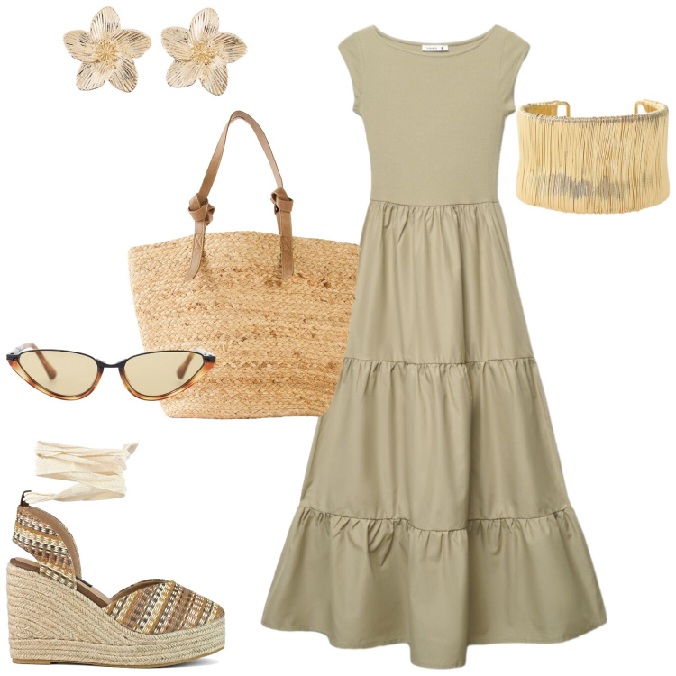 Outfit donna - City. Stile Casual chic per Tutti i giorni. Abbinamento con shopping bag, orecchini, vestiti lunghi, braccialetti, occhiali da sole, zeppe.