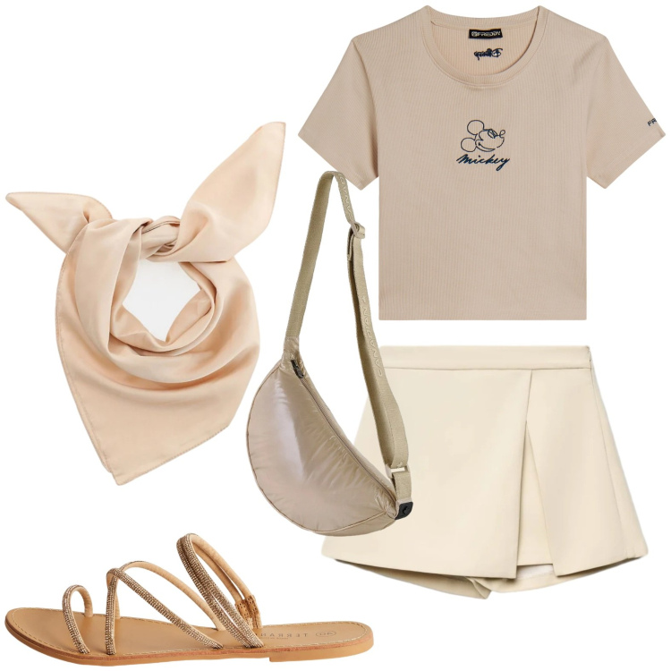 Outfit donna - Toni neutri luminosi. Stile Glamour per Tutti i giorni. Abbinamento con gonne, sandali, borse a tracolla, foulard, t-shirt.