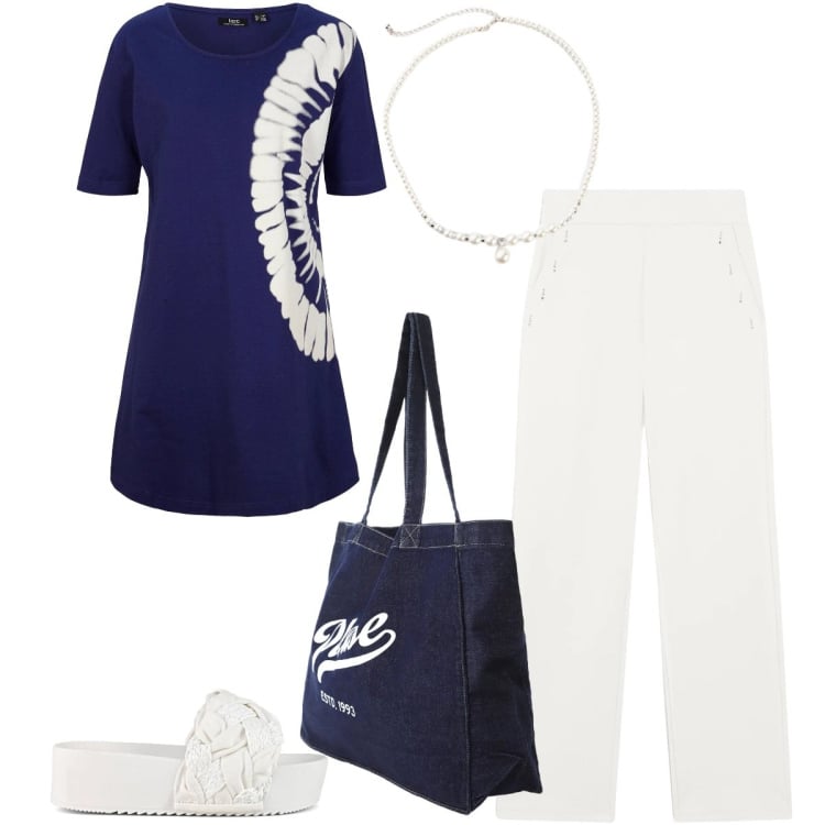 Outfit donna - Total look #2408212. Stile Casual chic per Tutti i giorni. Abbinamento con bluse, collane, shopping bag, pantaloni, ciabatte.