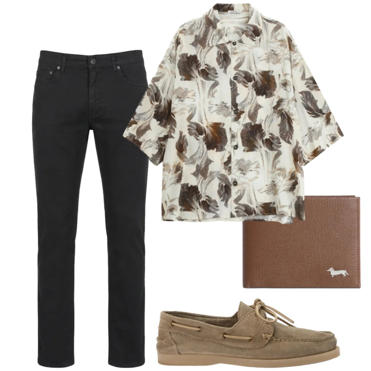 Outfit uomo - Pomeriggio insieme. Stile Trendy per Tutti i giorni. Abbinamento con camicie a manica corta, portafogli, pantaloni, scarpe stringate.