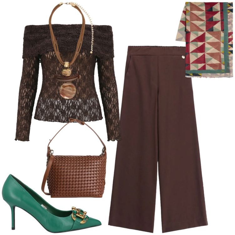 Outfit donna - Total look #2408217. Stile Glamour per Serata fuori. Abbinamento con décolleté, bluse, pantaloni a palazzo, sciarpe, borse a spalla, ciondoli.